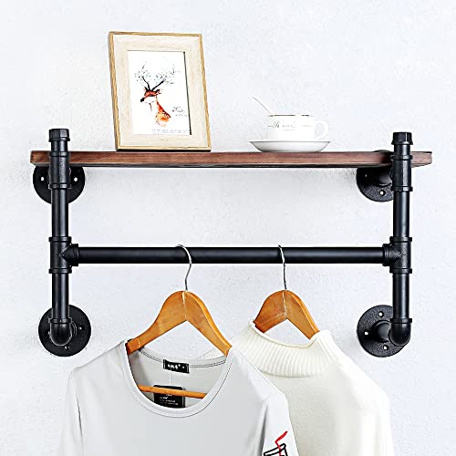 HAOVON Industrial Pipe Clothing Rack Wall Mounted Wood Shelf,Pipe Shelving Floating Shelves,Retail Garment Rack Display Rack Clothes Racks(1 Tier,24in)