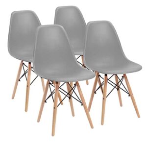 exachat set of 4 modern style chair- mid century modern shell chair with dowel wood legs - for dining room, kitchen, bedroom, lounge (grey-3)