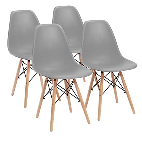 ExAchat Set of 4 Modern Style Chair- Mid Century Modern Shell Chair with Dowel Wood Legs - for Dining Room, Kitchen, Bedroom, Lounge (Grey-3)