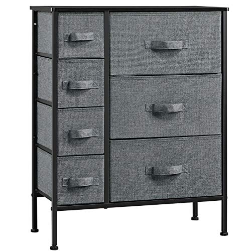 Topeakmart Storage Tower with 7 Drawers, Storage Organizer Tower Unit for Living Room, Hallway, Entryway, Guest Room, Office - Steel Frame, Easy Pull Fabric Bins Dark Gray