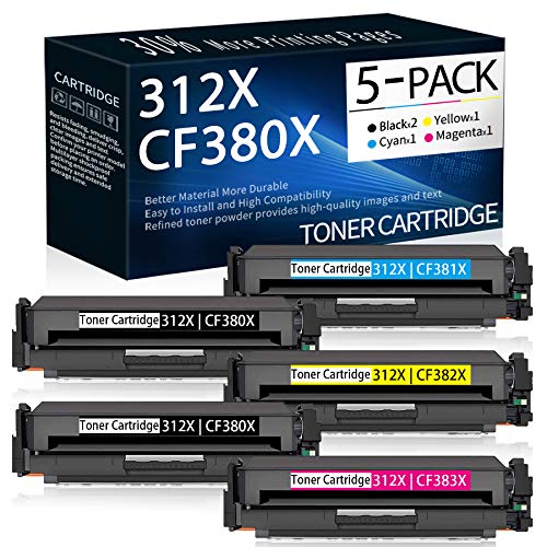 5 Pack (2BK+1C+1Y+1M) 312X | CF380X CF381X CF382X CF383X High Yield Compatible Remanufactured Toner Cartridge Replacement for HP Color Laserjet Pro MFP M476dw M476dn M476nw Printer Toner Cartridge.