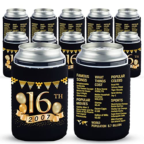 Yangmics 16th Birthday Can Cooler Sleeves Pack of 12- 2007 Sign - 16th Birthday Party Supplies - 16th Anniversary Decorations - Black and Gold Sixteenth Birthday Cup Coolers