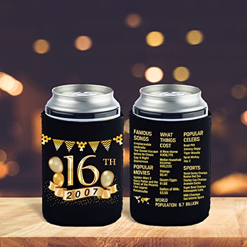 Yangmics 16th Birthday Can Cooler Sleeves Pack of 12- 2007 Sign - 16th Birthday Party Supplies - 16th Anniversary Decorations - Black and Gold Sixteenth Birthday Cup Coolers