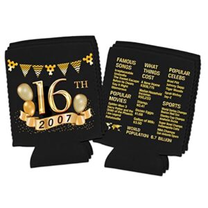 Yangmics 16th Birthday Can Cooler Sleeves Pack of 12- 2007 Sign - 16th Birthday Party Supplies - 16th Anniversary Decorations - Black and Gold Sixteenth Birthday Cup Coolers