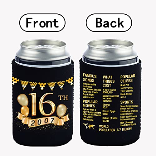 Yangmics 16th Birthday Can Cooler Sleeves Pack of 12- 2007 Sign - 16th Birthday Party Supplies - 16th Anniversary Decorations - Black and Gold Sixteenth Birthday Cup Coolers