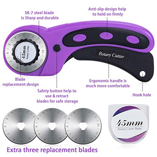 Nicecho Rotary Cutter Set,Sewing Quilting Supplies,45mm Fabric Cutters,A3 Cutting Mat for Sewing,Acrylic Rulers,Scissors,Exacto Knife,Clips,Beginners Sewing Accessories,Fabric Cutter Kit