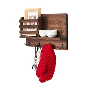 coral flower wall mounted mail holder wooden mail sorter organizer with 4 double key hooks and a floating shelf rustic home decor for entryway or mudroom