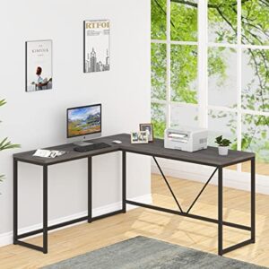 HSH L Shaped Computer Desk, Wood and Metal Reversible Corner Desk for Small Space, Industrial Rustic Crafting Writing Workstation Table for Home Office Study, Grey Oak, 59 x 55 inch