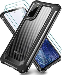 galaxy s20 case, slim carbon fiber shockproof protective cover with screen protector [x2] [military grade drop protection] [anti scratch&fingerprint], samsung s20 case, 6.2", black
