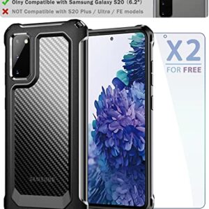 Galaxy S20 Case, Slim Carbon Fiber Shockproof Protective Cover with Screen Protector [x2] [Military Grade Drop Protection] [Anti Scratch&Fingerprint], Samsung S20 Case, 6.2", Black