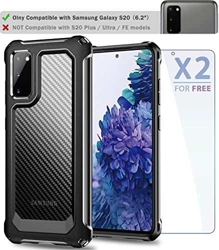 Galaxy S20 Case, Slim Carbon Fiber Shockproof Protective Cover with Screen Protector [x2] [Military Grade Drop Protection] [Anti Scratch&Fingerprint], Samsung S20 Case, 6.2", Black