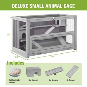 Guinea Pig Cage Hamster Cage 3 Levels Small Animal Cages with Chewing Toy, Food Bowl, Seesaw, Hideout and Plastic Tray…