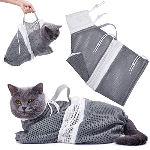 Cat Bathing Bag Cat Cleaning Shower Bag- Adjustable Anti-Bite and Anti-Scratch Polyester Soft Restraint Cat Grooming Bag for Bathing, Nail Trimming, Injection, Medicine Taking （Gray）