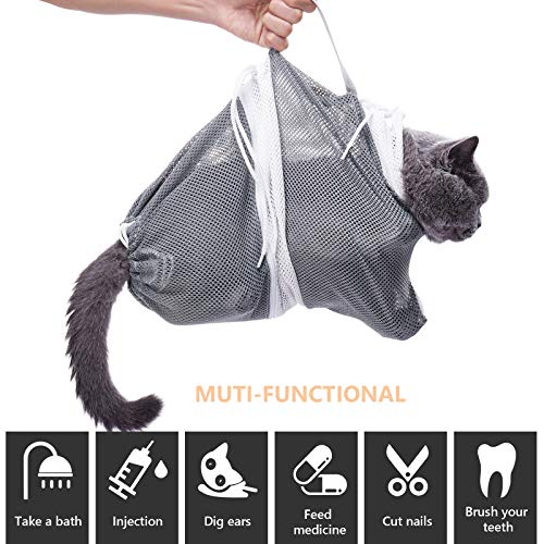 Cat Bathing Bag Cat Cleaning Shower Bag- Adjustable Anti-Bite and Anti-Scratch Polyester Soft Restraint Cat Grooming Bag for Bathing, Nail Trimming, Injection, Medicine Taking （Gray）