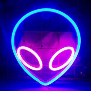 qiaofei alien neon light led neon signs for kids room bedroom hotel shop restaurant game office wall art decoration sign birthday (blue-pink)
