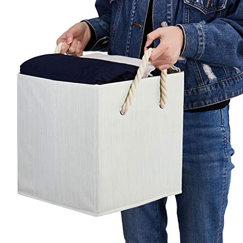 i BKGOO Foldable Storage Cube Bins Beige-White Bamboo Fabric Collapsible Resistant Basket Box Organizer with Cotton Rope Handle for Home Office and Nursery 10.5x10.5x11 inch