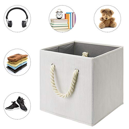 i BKGOO Foldable Storage Cube Bins Beige-White Bamboo Fabric Collapsible Resistant Basket Box Organizer with Cotton Rope Handle for Home Office and Nursery 10.5x10.5x11 inch