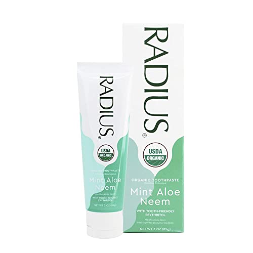 RADIUS USDA Organic Toothpaste 3oz Non Toxic Chemical-Free Gluten-Free Designed to Improve Gum Health & Prevent Cavity - Mint Aloe Neem - Pack of 2