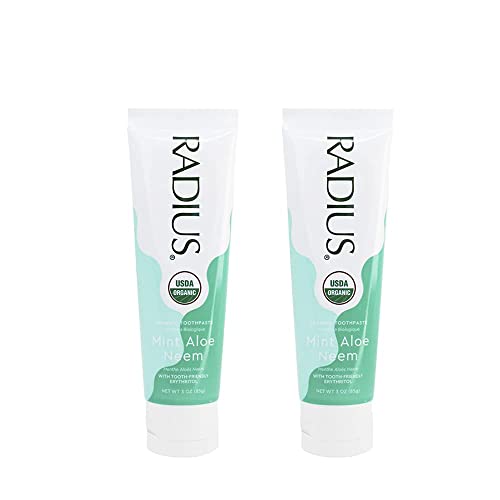 RADIUS USDA Organic Toothpaste 3oz Non Toxic Chemical-Free Gluten-Free Designed to Improve Gum Health & Prevent Cavity - Mint Aloe Neem - Pack of 2