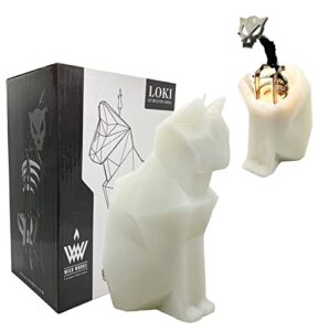 wick works loki cat skeleton candle | reveal polished steel frame | 7” h | longest burn time! | beautiful gift box | home or office decor| unique gifts for cat, animal, art lovers (white, unscented)