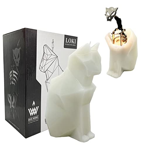 Wick Works Loki Cat Skeleton Candle | Reveal Polished Steel Frame | 7” H | Longest Burn Time! | Beautiful Gift Box | Home or Office Decor| Unique Gifts for Cat, Animal, Art Lovers (White, Unscented)