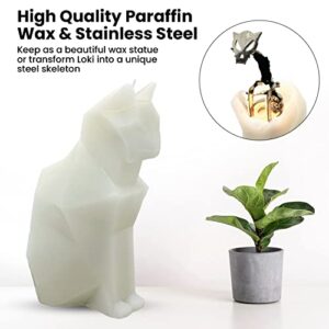 Wick Works Loki Cat Skeleton Candle | Reveal Polished Steel Frame | 7” H | Longest Burn Time! | Beautiful Gift Box | Home or Office Decor| Unique Gifts for Cat, Animal, Art Lovers (White, Unscented)