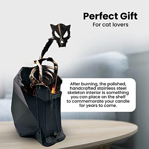 Wick Works Loki Cat Skeleton Candle | Reveal Polished Steel Frame | 7” H | Longest Burn Time! | Beautiful Gift Box | Home or Office Decor| Unique Gifts for Cat, Animal, Art Lovers (White, Unscented)