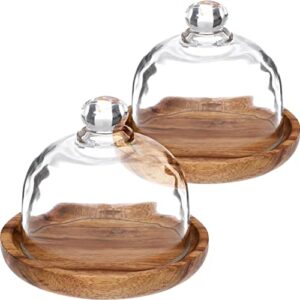 yardwe 2 sets glass dome with wooden base mini cake stand glass display dome cloche clear glass bell jar cover for dessert cheese candy plants succulents (4.1 x 3.7 inch)