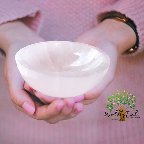 Worldly Finds Selenite Crystal Smudge Bowl, Polished Thickly Hand-Carved, Moroccan Crystal Holder to Charge, Cleanse Crystals, Charging, Smudging Bowl, Spiritual Gifts, Wicca Supplies (4" Large)