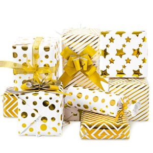 whaline gift wrapping paper set 8 sheet white gold wrapping paper with 10 pull bows & 24 yard glitter ribbon star dot stripe foil decorative art paper for birthday christmas valentine's day