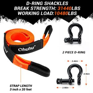 Tow Straps with Shackles, Ohuhu Heavy Duty 3" x 20ft Recovery Strap Kit with Hooks, 31,944 lbs Break Strength, Triple Reinforced Loop & Protective Sleeves, 3/4" D-Ring Shackles for Truck Jeep SUV ATV