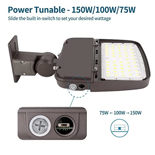 Xbuyee 150W LED Parking Lot Light with Dusk to Dawn Photocell, Dimmable Commercial Outdoor Shoebox Lights with Arm Mount, 130LM/W 5000K 100-277V IP65, Power Selectable (75W/100W/150W) ETL