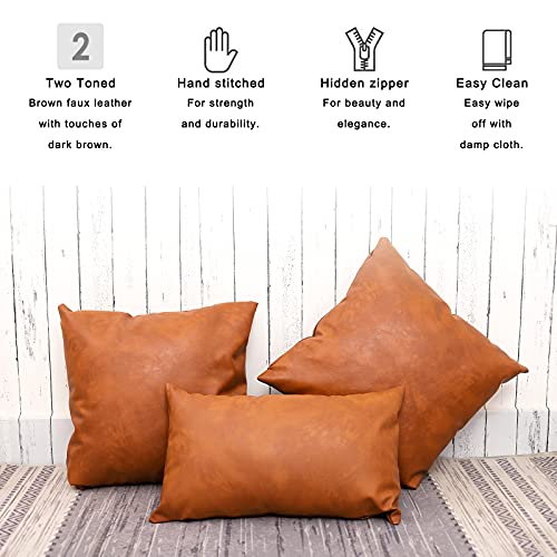 YURICO Faux Leather Throw Pillow Covers，24x24 inch Set of 2 Lumbar queen size pillowcases Modern Light luxury Simplicity Style Decorative Suitable For living room Sofa Bed Bedroom (brown, 24*24Inch)