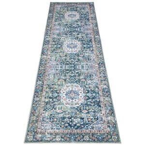 decomall runner rug for hallway kitchen, washable long rugs green multi, bohemian vintage foldable carpet for entryway entrance, 2'6"x9'