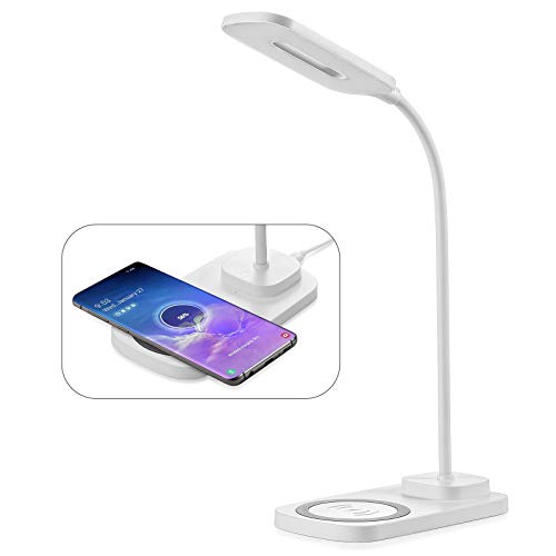 Consciot LED Desk Lamp with Wireless Charger, USB Charging Port, 3 Lighting Modes, Dimmable Space-Saving Table Lights with 360°Adjustable Gooseneck for Bedroom Nightstand Bedside Office Study, White