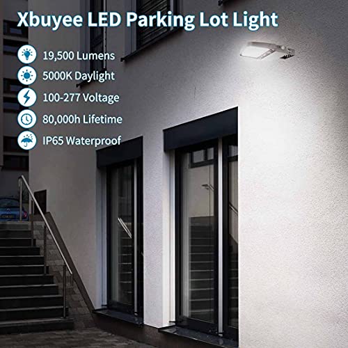 Xbuyee 150W LED Parking Lot Light with Dusk to Dawn Photocell, Dimmable Commercial Outdoor Shoebox Lights with Trunnion Mount, 130LM/W 5000K 100-277V IP65, Power Selectable (75W/100W/150W) ETL Listed