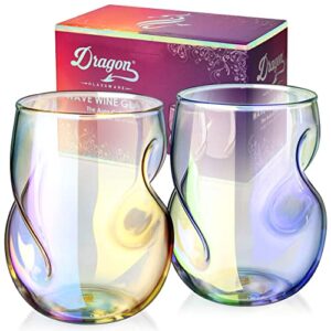 dragon glassware stemless wine glasses, iridescent glass with finger indentations, naturally aerates wine, unique and elegant drinkware, 16 oz capacity, set of 2