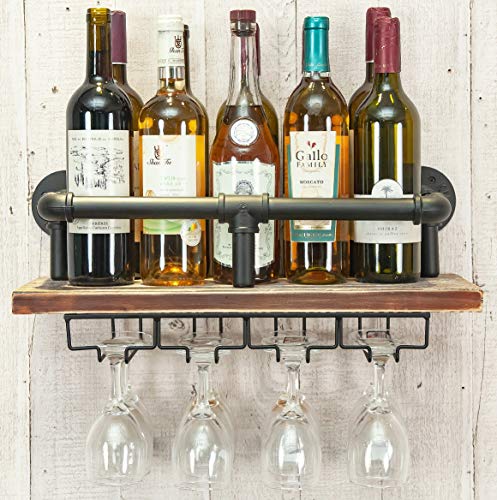 Industrial Wall Mounted Wine Rack, Wine Bottle Stemware Glass Rack, Floating Shelf Pipe Hanging Shelving with Glass Holders for Wine Glasses, Flutes, Mugs, Kitchen, Bar, (Retro Brown And Black)