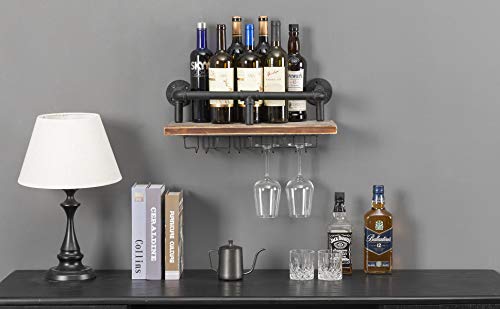 Industrial Wall Mounted Wine Rack, Wine Bottle Stemware Glass Rack, Floating Shelf Pipe Hanging Shelving with Glass Holders for Wine Glasses, Flutes, Mugs, Kitchen, Bar, (Retro Brown And Black)