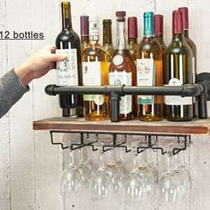 Industrial Wall Mounted Wine Rack, Wine Bottle Stemware Glass Rack, Floating Shelf Pipe Hanging Shelving with Glass Holders for Wine Glasses, Flutes, Mugs, Kitchen, Bar, (Retro Brown And Black)