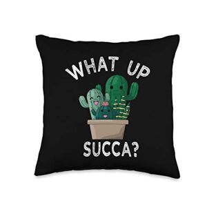 funny cactus succulents designs what up succa cute kawaii cactus succulents gardening throw pillow, 16x16, multicolor
