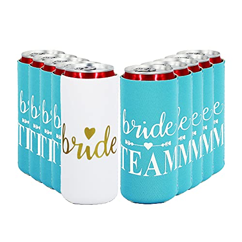 LADY&HOME Bachelorette Slim Can Coolers for Bridesmaid, Set of 10 Bride and Team Bride Can Cooler for Bachelorette Party Favors and Decorations for Wedding(Blue Team)