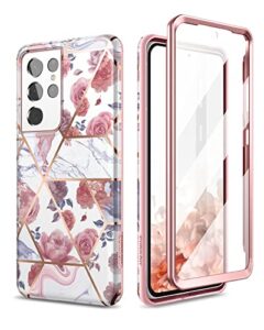 suritch phone case for samsung galaxy s21 ultra 6.8 inches slim fit, front cover with built-in screen protector smooth back cover full body protection shockproof bumper, rose marble