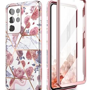 SURITCH Phone Case for Samsung Galaxy S21 Ultra 6.8 inches Slim Fit, Front Cover with Built-in Screen Protector Smooth Back Cover Full Body Protection Shockproof Bumper, Rose Marble