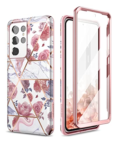 SURITCH Phone Case for Samsung Galaxy S21 Ultra 6.8 inches Slim Fit, Front Cover with Built-in Screen Protector Smooth Back Cover Full Body Protection Shockproof Bumper, Rose Marble