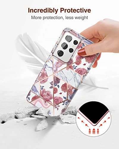 SURITCH Phone Case for Samsung Galaxy S21 Ultra 6.8 inches Slim Fit, Front Cover with Built-in Screen Protector Smooth Back Cover Full Body Protection Shockproof Bumper, Rose Marble