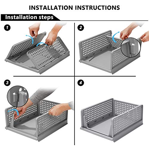 4 Pack Closet Basket Shelf Storage Bins Plastic Super Large Capacity Collapsible Kid Toy Rack for Kitchen Cabinets, Pantry, Offices, Bedrooms, Bathrooms(Gray)