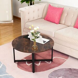 Coral Flower Round Coffee, Industrial Style Cocktail Table, Durable Metal Frame, Easy to Assemble, for Living Room, Rustic Brown
