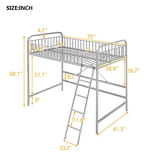 Twin Loft Bed with Full-Length Guardrail and Ladder (Silver)