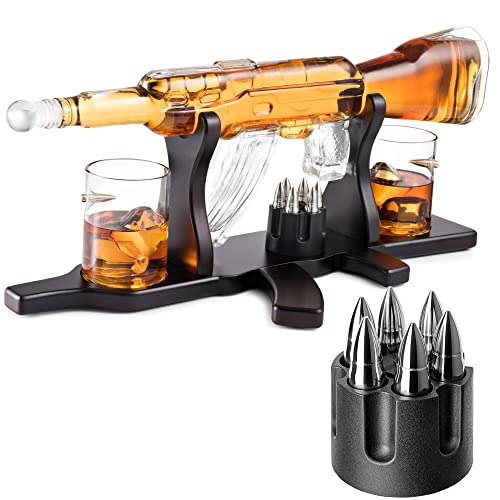 Whiskey Gun Decanter Gift Set - + 2 Whisky Bullet Glasses & Bullet Chilling Stones - Gun Shaped Rich Wood Classic Mahogany Base Tray - Liquor Scotch Bourbon -Boyfriend Husband Anniversary Retirement